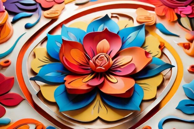 A colorful design with a flower on it