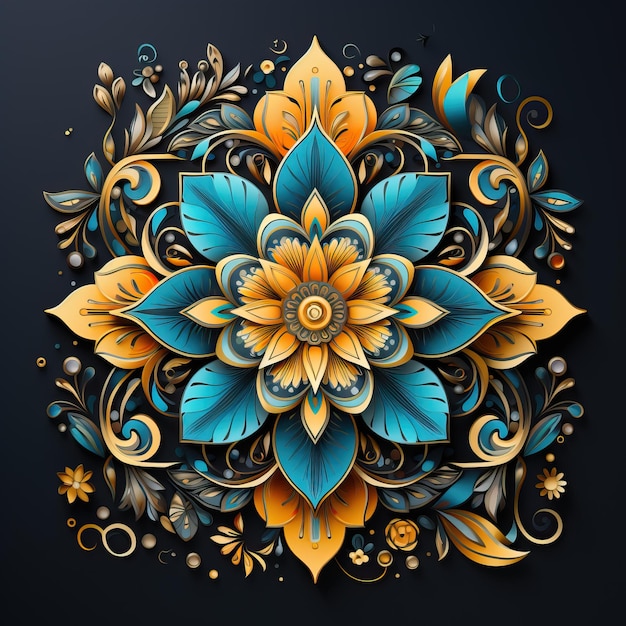 a colorful design with a flower and leaves on it.