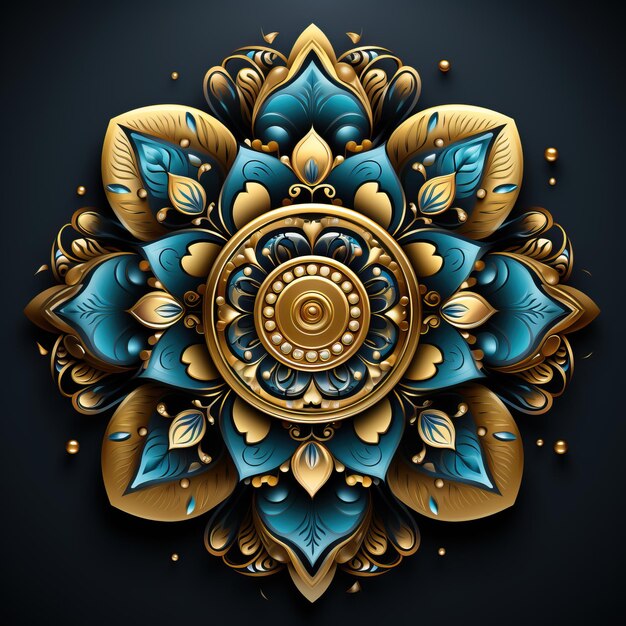 a colorful design with a gold and blue background with a gold flower