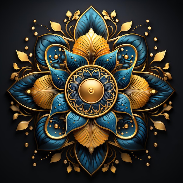 a colorful design with a gold flower and a gold circle.