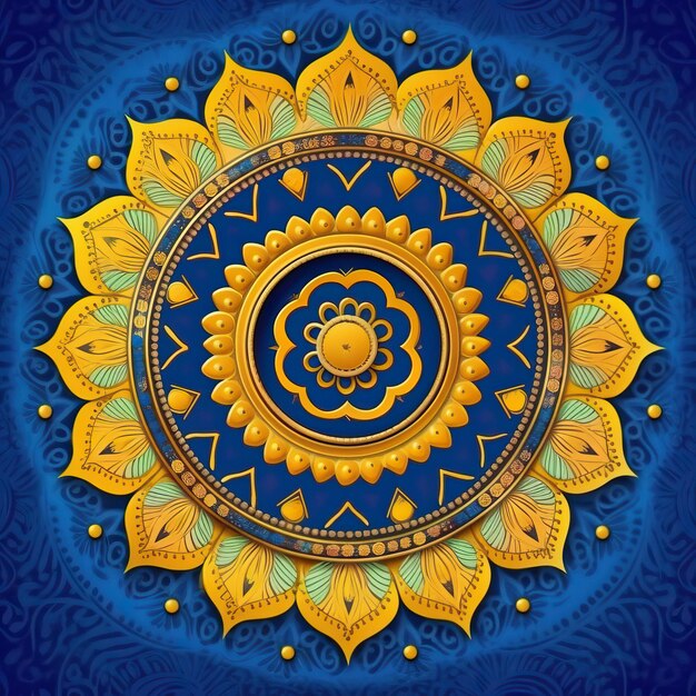 A colorful design with a gold ornament on a blue background