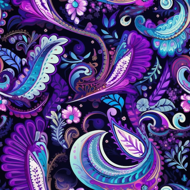 A colorful design with purple flowers and butterflies.