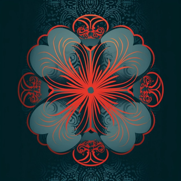 a colorful design with a red and blue background.