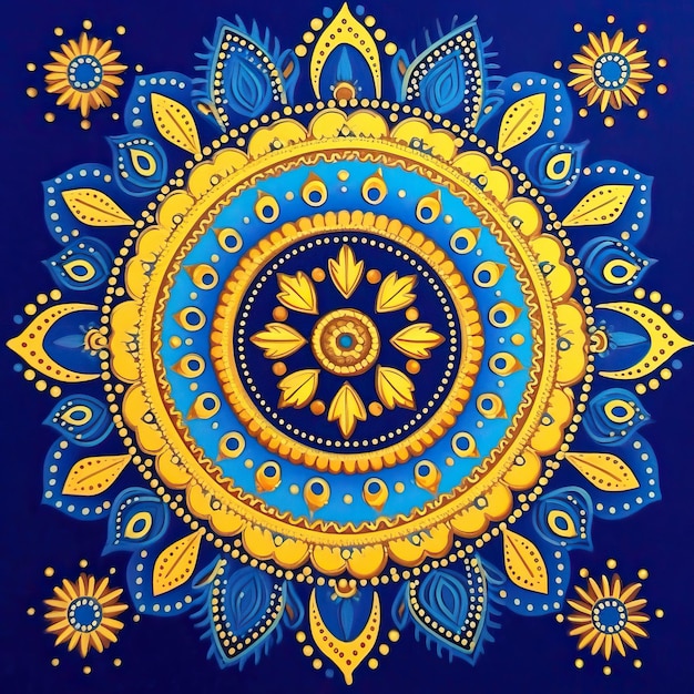 A colorful design with yellow and blue flowers and a blue background