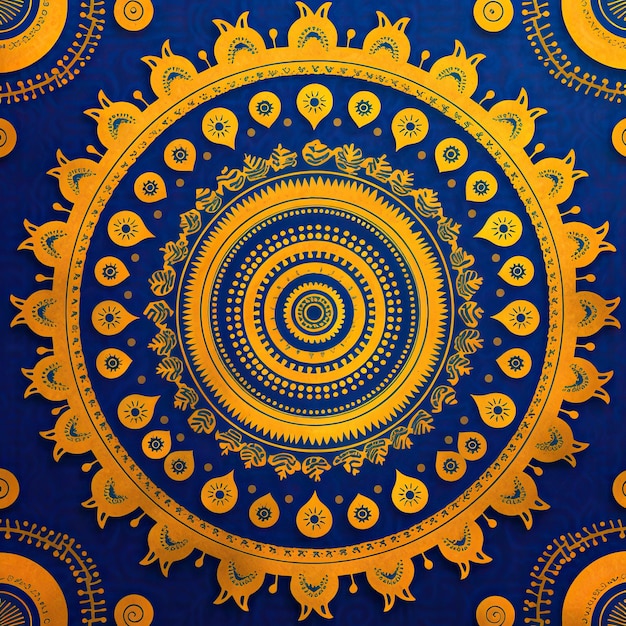 a colorful design with yellow and blue flowers and a yellow circle