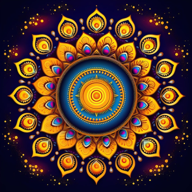 a colorful design with a yellow circle in the middle