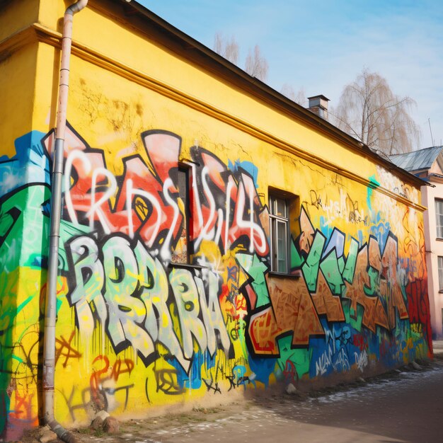 Foto disegni colorati di graffiti street art sulla parete di un vecchio edificio generativa ai