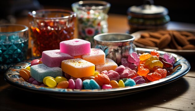 Photo a colorful dessert plate a sweet indulgence for joyful celebrations generated by artificial intelligence