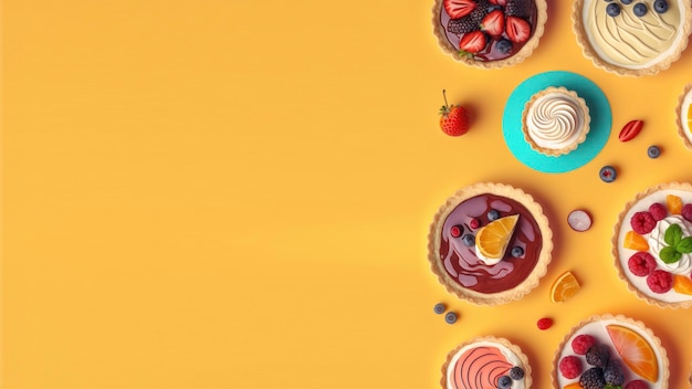 A colorful dessert table with a cup of tea and a blue cup of tea.