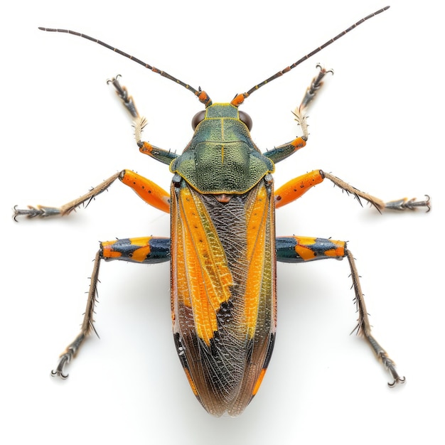 A colorful and detailed photograph of a green and orange stink bug