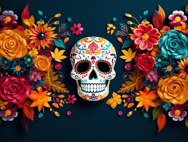 다채로운 Dia de los Muertos 축제 멕시코의 휴일 죽은 사람의 날 두개골과 꽃 장식품