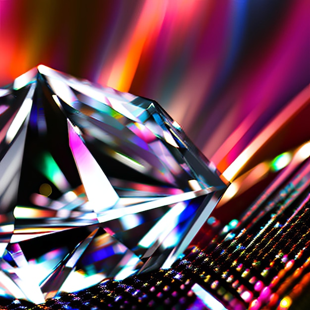 A colorful diamond is sitting on a table with a rainbow colored background