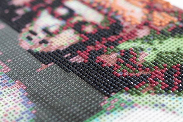 Colorful diamond painting mosaic embroidery close-up