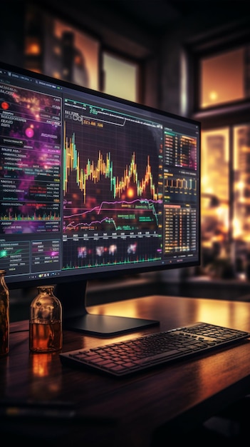 Красочный цифровой дисплей показывает финансовые показатели на графике, объединяющем данные и эстетику. Вертикальный мобильный телефон