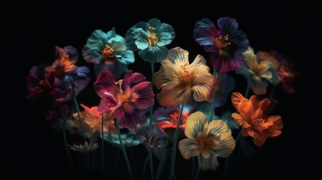 Colorful digital flowers on black background Generative ai