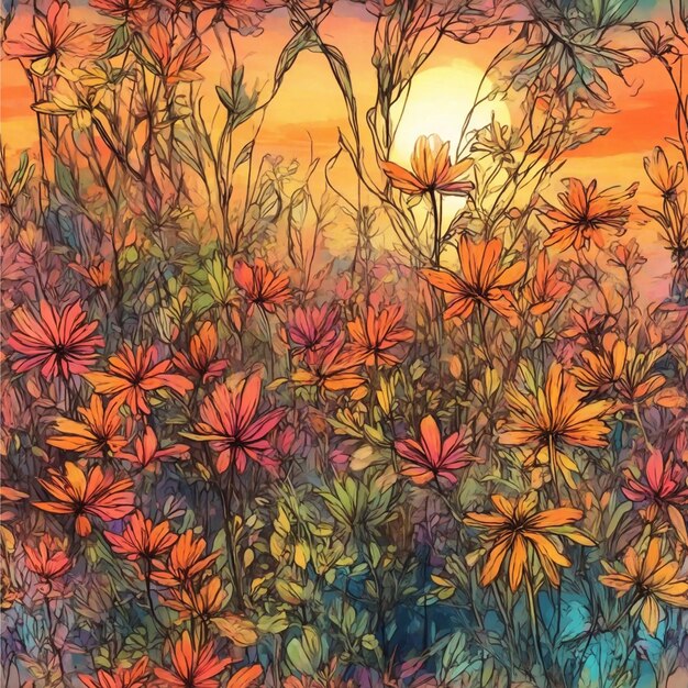 Photo a colorful digital painting beautiful colorful wild plants background at sunset or sunrise