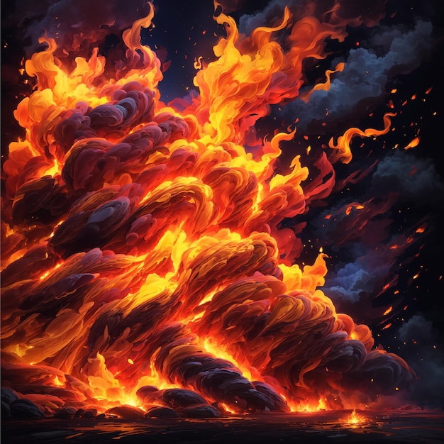 A colorful digital painting Bright yellow RED fire blazing against the night sky