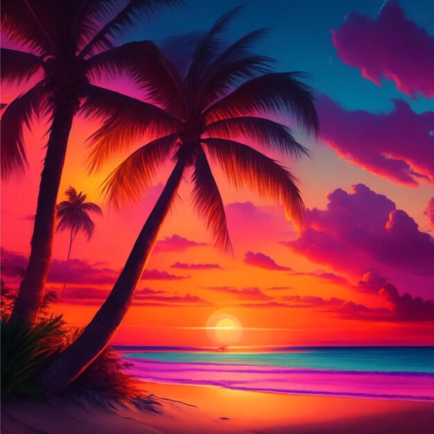 A colorful digital painting A Sunset on a tropical beach with a palm tree