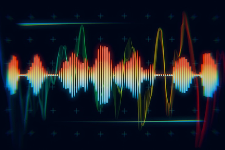 Photo a colorful digital sound wave visualization featuring a dynamic waveform against a dark background