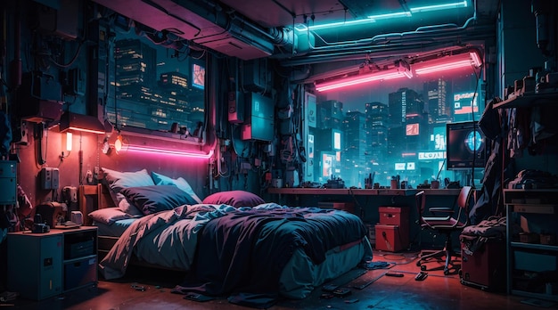 Photo colorful dim lighted cyberpunk bedroom futuristic apartment loft