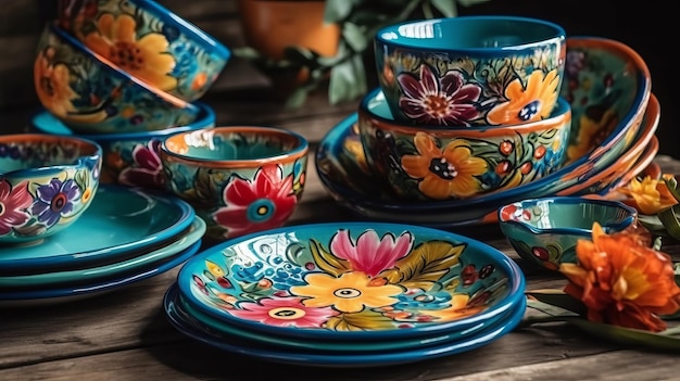 Colorful dinnerware set with floral pattern AI generated