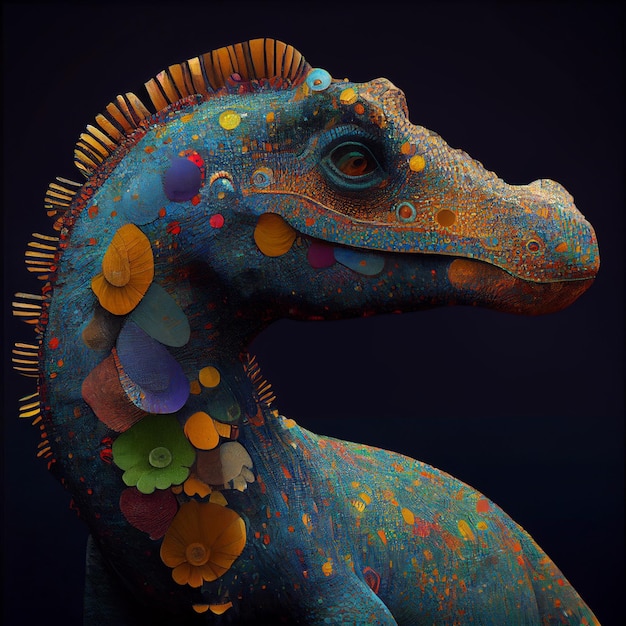 A colorful dinosaur with a blue and green body and a colorful pattern.