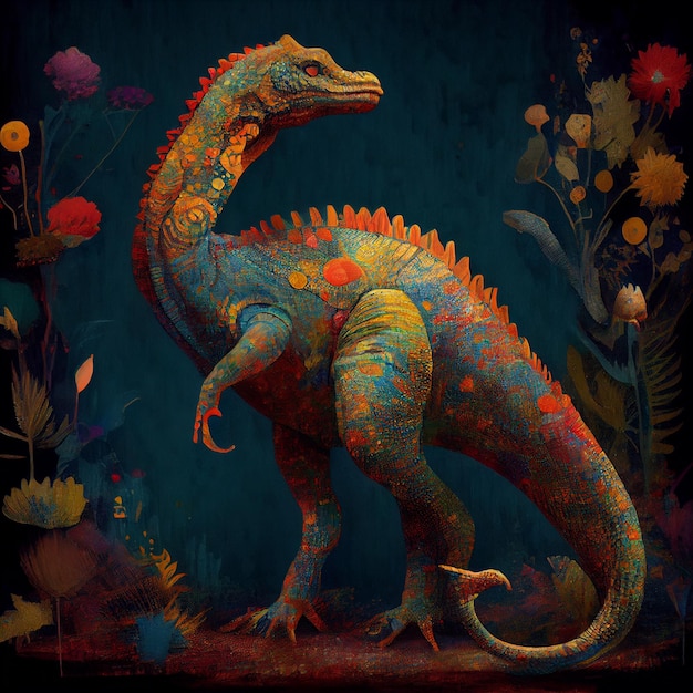 A colorful dinosaur with a green and orange tail and a red tail.