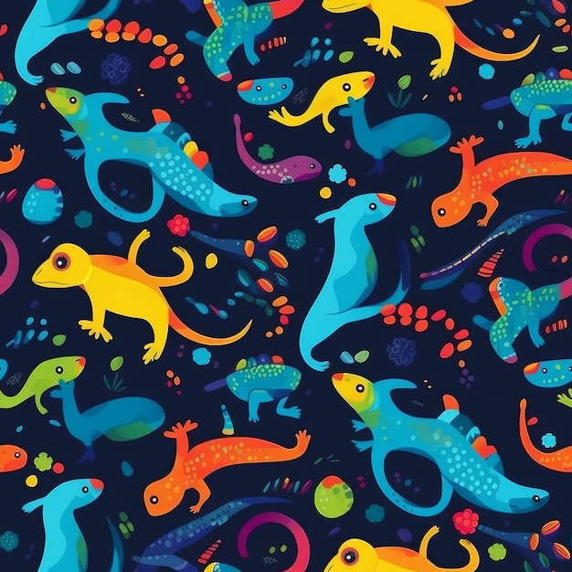 Colorful dinosaurs on a dark background.