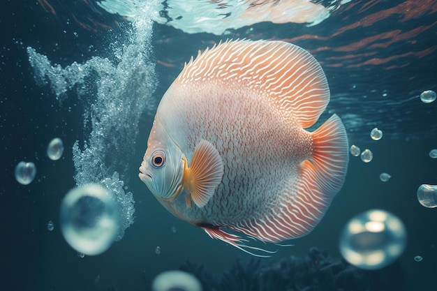 투명한 바다에서 우아하게 헤엄치는 형형색색의 디스커스 물고기 Generative AI