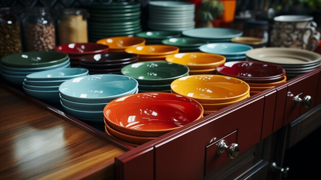 Colorful dishes on shelf in modern kitchengenerative ai