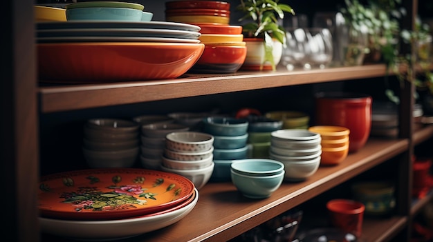 Colorful dishes on shelf in modern kitchengenerative ai