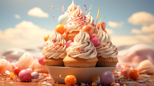 A colorful display of balloons and a cake with a cream cone