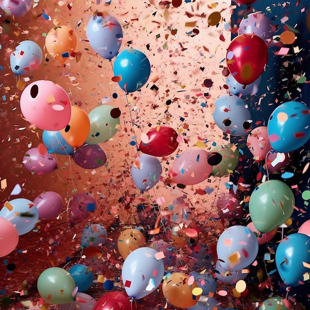 a colorful display of balloons with confetti and a red background.