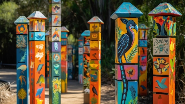 A colorful display of birds and birds is displayed on a path.