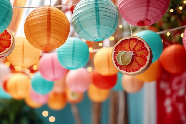 A colorful display of chinese lanterns with a slice of orange on the side