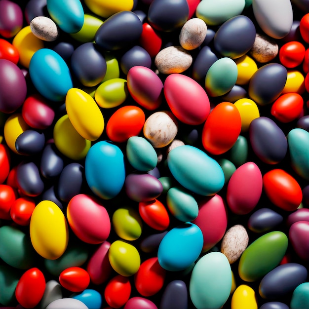 A colorful display of chocolate covered eggs with the word chocolate on the top.