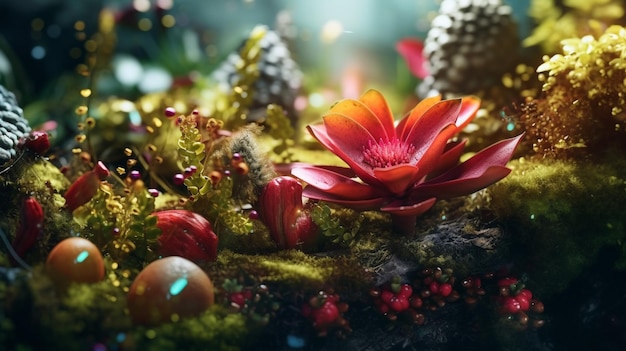 Photo a colorful display of christmas decorations and a flower