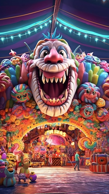 A colorful display of a clown with a large mouth and a large red nose.