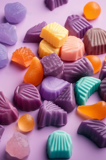 A colorful display of colorful candy sits on a purple background