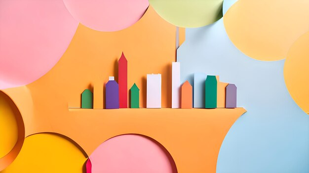 A colorful display of colorful paper cutouts of a city skyline