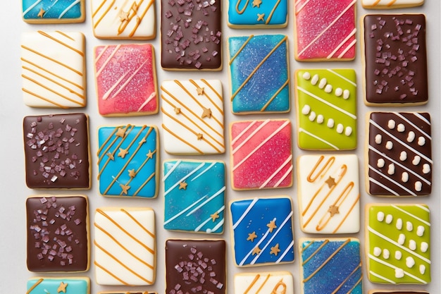 A colorful display of cookies with different colors and the words " sugar " on the top.