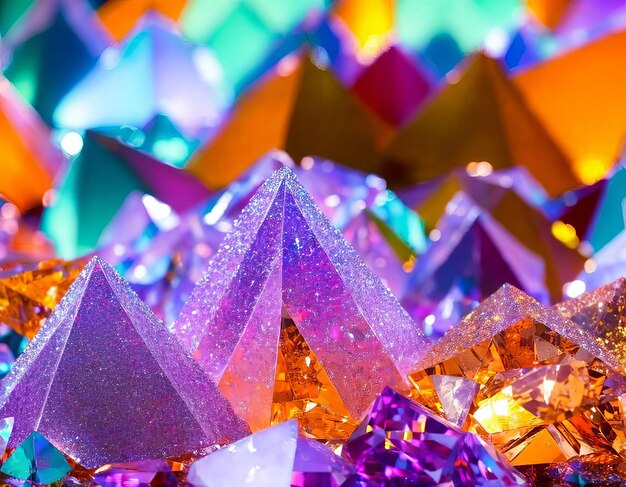 A colorful display of crystals with the word