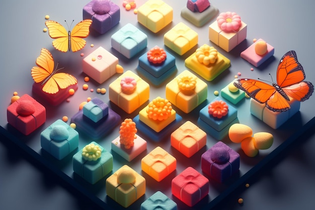 A colorful display of cubes with a butterfly on the top.