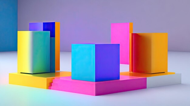 A colorful display of cubes with different colors and shapes.