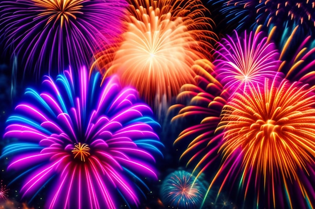 A colorful display of fireworks is shown with a black background.