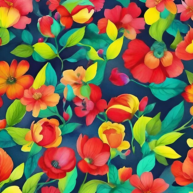 A colorful display of flowers and leaves with a blue background