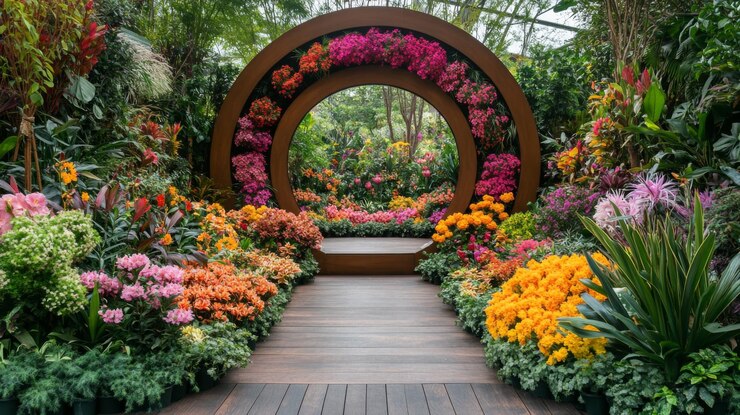 Photo a colorful display of flowers and plants with a large circle in the middle ar 169 style raw stylize 250 v 61 job id ece5b76723304fb1a36c8b49878093d5