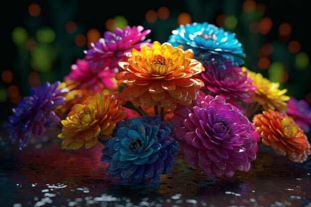 A colorful display of flowers with a black background.