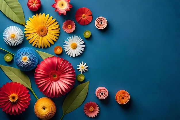 A colorful display of flowers with a blue background