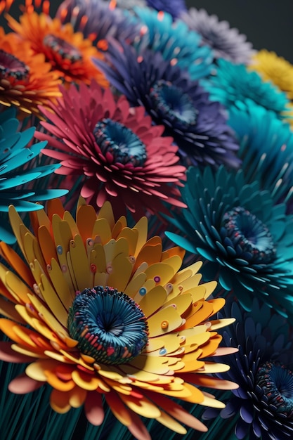 A colorful display of flowers with blue, red, and yellow petals.